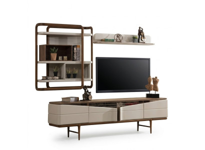 Beige woonkamerset RTV-lage kast 2x planken hout designmeubels.