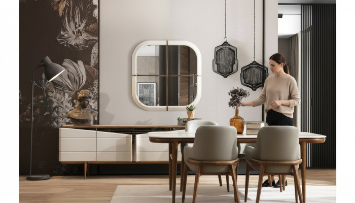 Bruin-wit eetkamer meubels, design eetkamerset, luxe 9-delige set