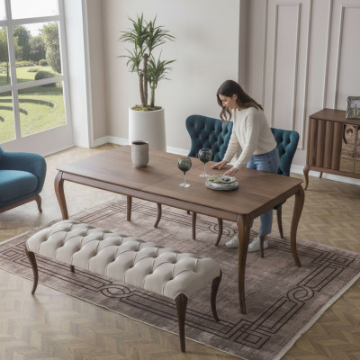 Chesterfield eetkamerbank en 4x gestoffeerde eetkamerstoelen eettafel.