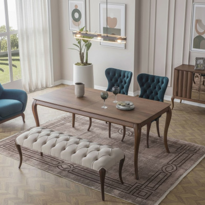 Chesterfield eetkamerbank en 4x gestoffeerde eetkamerstoelen eettafel.