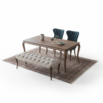 Chesterfield eetkamerbank en 4x gestoffeerde eetkamerstoelen eettafel.