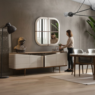 Eetkamer Set Beige dressoir Rechthoekige spiegel Luxe houten meubels.