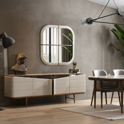Eetkamer Set Beige dressoir Rechthoekige spiegel Luxe houten meubels.