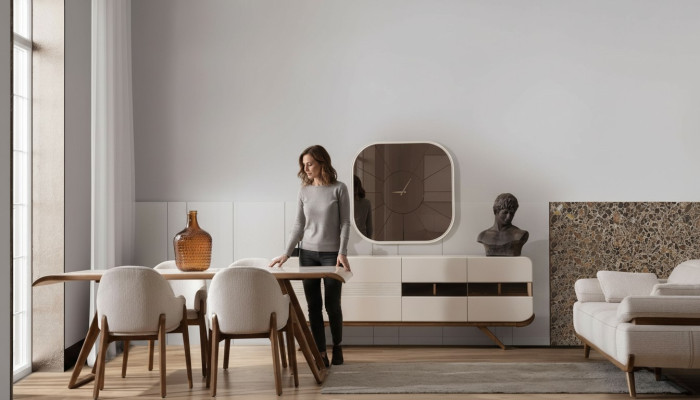 Wit-bruine eetkamerset Moderne eettafel 6x gestoffeerde stoelen 9-delig
