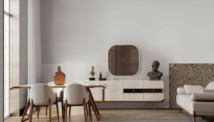 Wit-bruine eetkamerset Moderne eettafel 6x gestoffeerde stoelen 9-delig