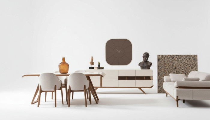 Wit-bruine eetkamerset Moderne eettafel 6x gestoffeerde stoelen 9-delig