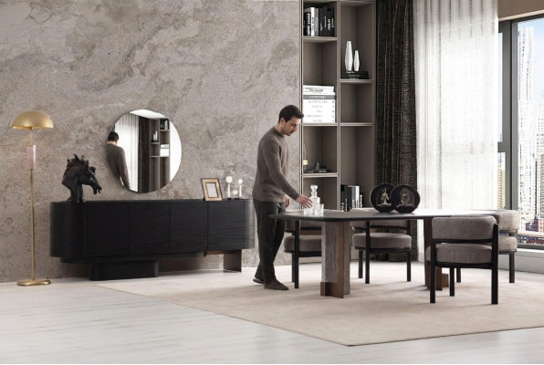 Designer eetkamerset, eettafel 6x stoelen dressoir spiegel 9-delig.