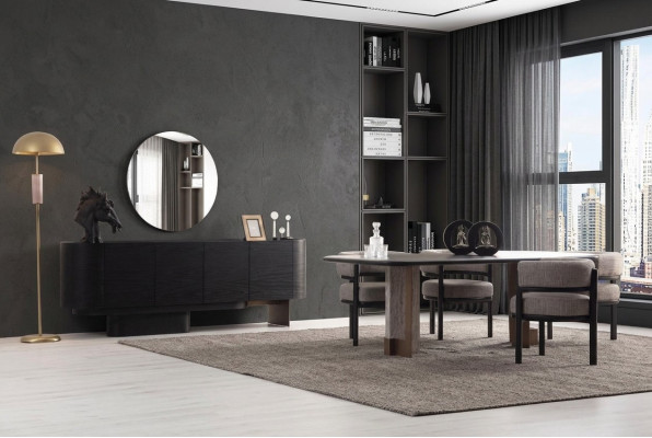 Designer eetkamerset, eettafel 6x stoelen dressoir spiegel 9-delig.