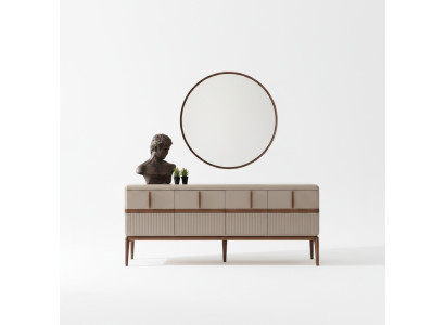 Beige eetkamer meubels Luxe houten dressoir met 4 deuren, glazen spiegel, 2-delige set
