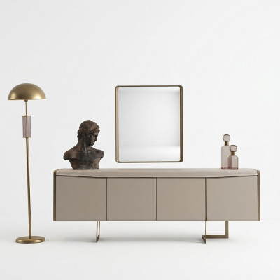 Beige eetkamer dressoir Rechthoekige spiegel Stijlvolle houten meubel 2-delig