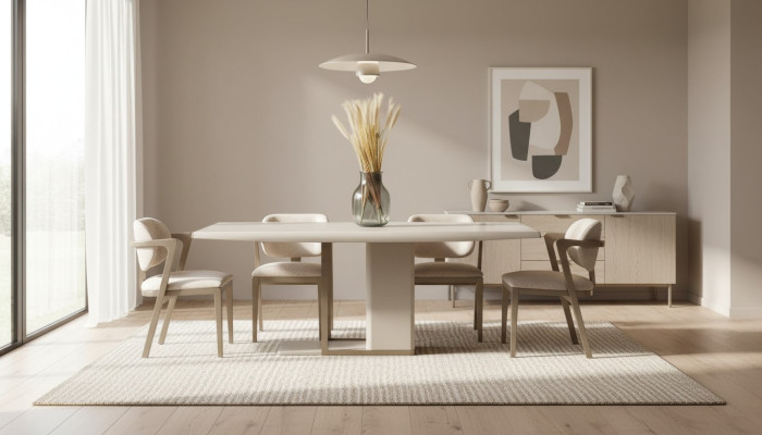 Wit-beige eetkamer meubelset Rechthoekige eettafel met 6 stoelen 7-delig