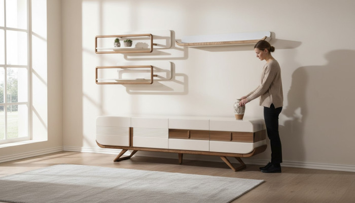 Witte woonkamer wandmeubel designer lage kast 2x planken houten meubels 4-delig