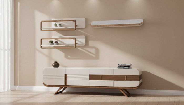 Witte woonkamer wandmeubel designer lage kast 2x planken houten meubels 4-delig