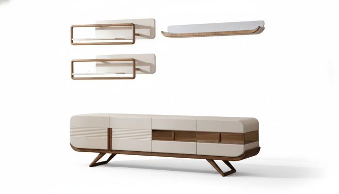 Witte woonkamer wandmeubel designer lage kast 2x planken houten meubels 4-delig