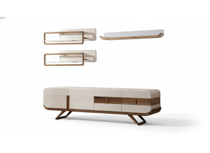 Witte woonkamer wandmeubel designer lage kast 2x planken houten meubels 4-delig