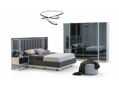 Designer slaapkamer set met tweepersoonsbedden, nachtkastje en kledingkast.