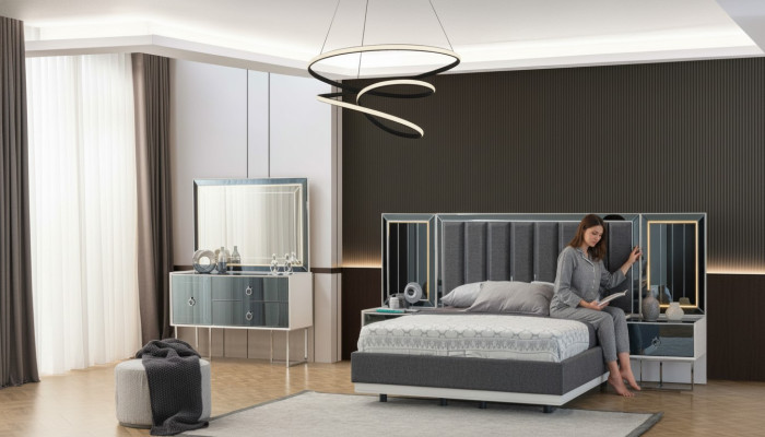 Moderne grijze en witte slaapkamer meubels houten nachtkastjes tweepersoonsbed 5-delig