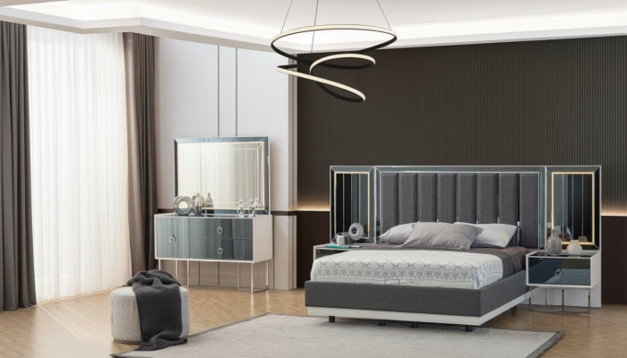 Moderne grijze en witte slaapkamer meubels houten nachtkastjes tweepersoonsbed 5-delig