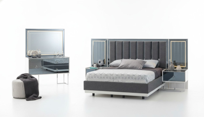 Moderne grijze en witte slaapkamer meubels houten nachtkastjes tweepersoonsbed 5-delig