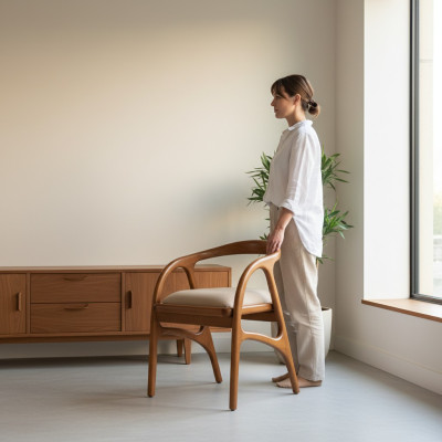 Bruine luxe gestoffeerde eetkamerstoel met design armleuningen, éénzits.