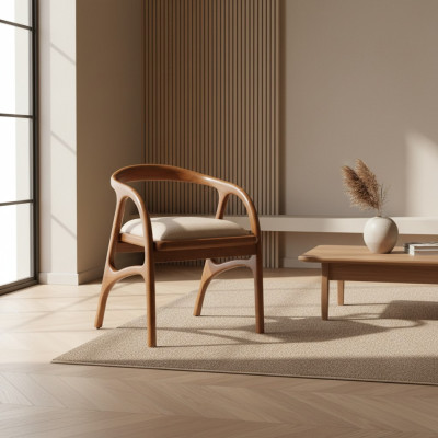 Bruine luxe gestoffeerde eetkamerstoel met design armleuningen, éénzits.