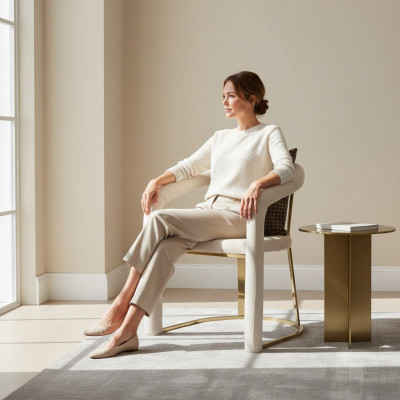 Beige designerstoel Luxe houten frame Ontwerper eetkamerhouten stoelen.