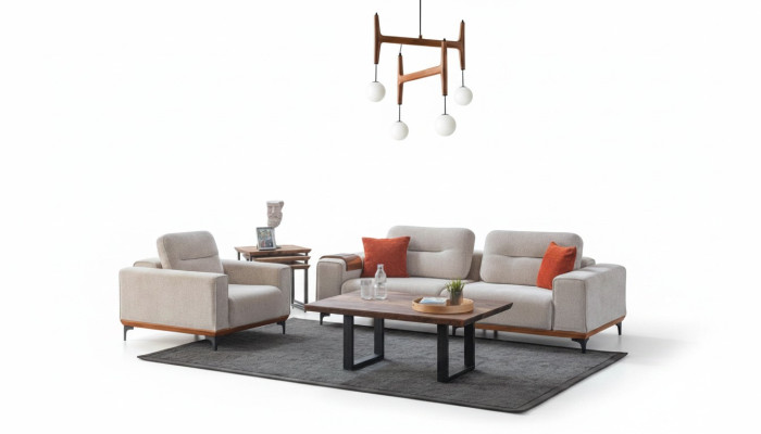 Witte gestoffeerde bankstel met driezitsbank, fauteuil, salontafel en bijzettafels