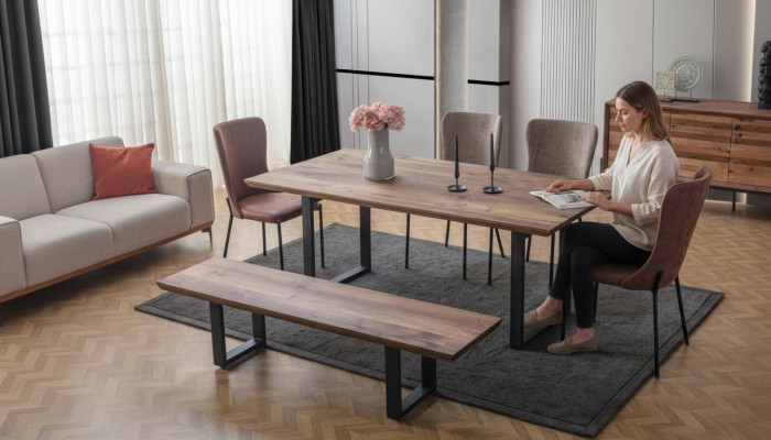 Bruine eetkamermeubelen Luxe eettafel 4x stoelen met kussens Houten bank