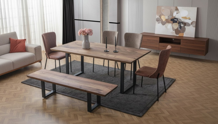 Bruine eetkamermeubelen Luxe eettafel 4x stoelen met kussens Houten bank