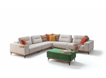 Designer woonkamerset bestaat uit een 2-delige hoekbank in L-vorm en een hocker.