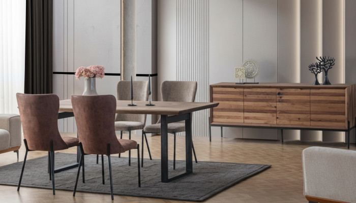 Bruine eetkamerset Luxe rechthoekige eettafel 4x stoelen dressoir
