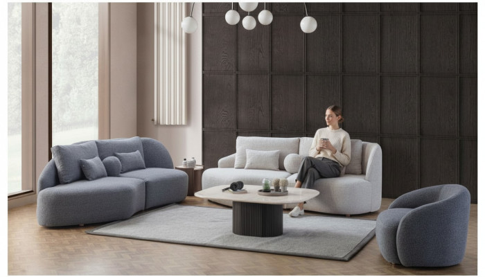Grijswit woonkamerset 3+3 zitter designer textiel fauteuil 3-delig