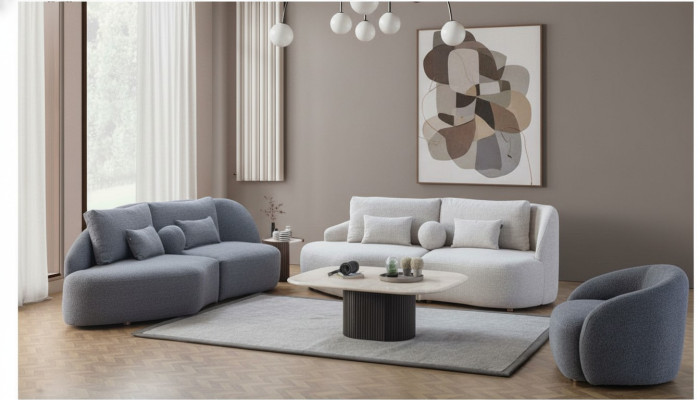 Grijswit woonkamerset 3+3 zitter designer textiel fauteuil 3-delig