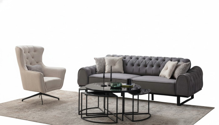 Grijze Chesterfield driezitsbank Luxe bekleding Witte fauteuil 2-delige set