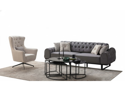 Grijze Chesterfield driezitsbank Luxe bekleding Witte fauteuil 2-delige set
