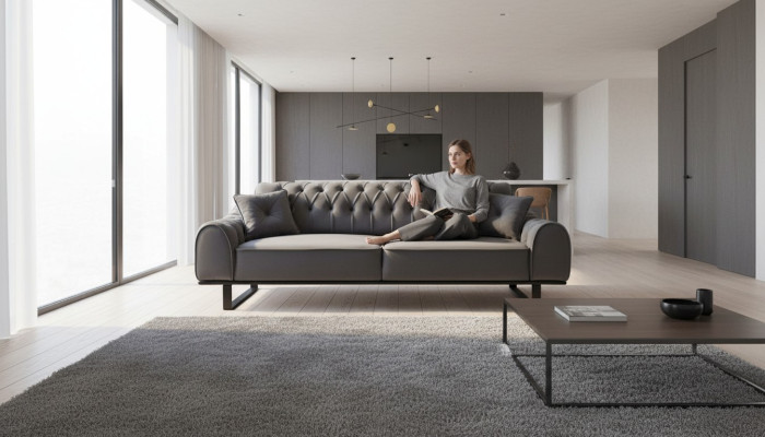 Grijze Chesterfield 3-zitsbank met luxe driepersoons designer woonkamerbank.