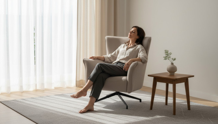 Beige woonkamer fauteuil ontwerper ontspannen gestoffeerde fauteuil met metalen poten.