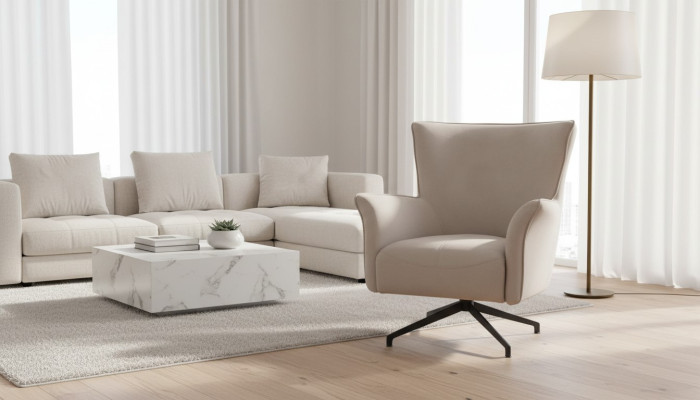 Beige woonkamer fauteuil ontwerper ontspannen gestoffeerde fauteuil met metalen poten.