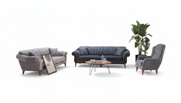 Blauw-grijs woonkamerset Moderne bankstel 3+3+1 zits fauteuil Nieuw
