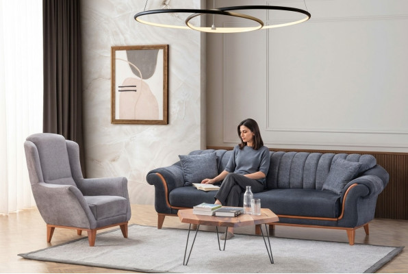 Blauw-grijze woonkamerset Stijlvolle 3-zits luxe fauteuil 2-delig