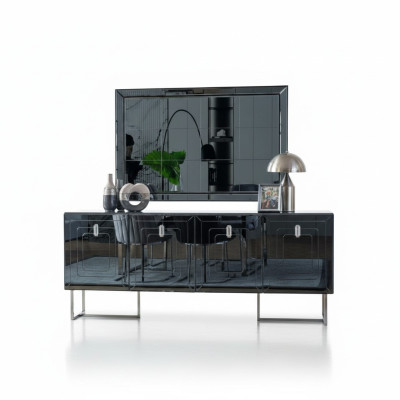 Grijze eetkamermeubels glazen spiegel ontwerper roestvrijstalen dressoir luxe set.