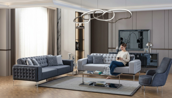 Chesterfield Grijze Bankstel Woonkamer Bankstellen Driepersoonsbank + Fauteuil