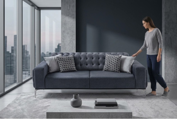 Chesterfield Grijze 3-zits Woonkamer Driepersoons Textiel Bank Nieuw