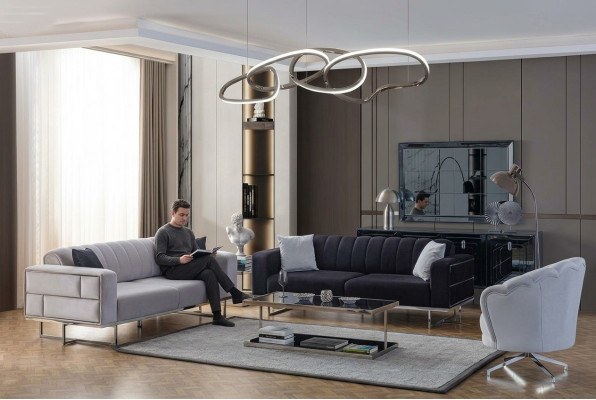 Grijze woonkamerbanken Designer gestoffeerde driezits stoffen fauteuil 3-dlg.
