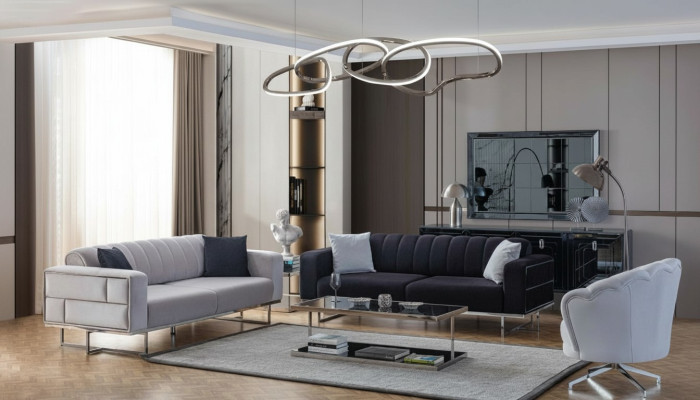 Grijze woonkamerbanken Designer gestoffeerde driezits stoffen fauteuil 3-dlg.