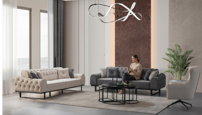 Wit-grijze Chesterfield bankstel Designer gestoffeerde fauteuil 3-delige set
