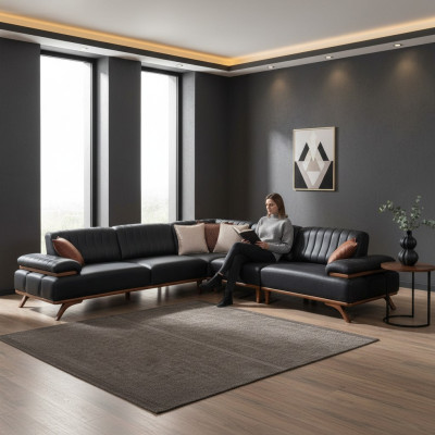 Zwarte hoekbank Ontwerper L-vorm Luxueuze bank Woonkamer Zitmeubilair