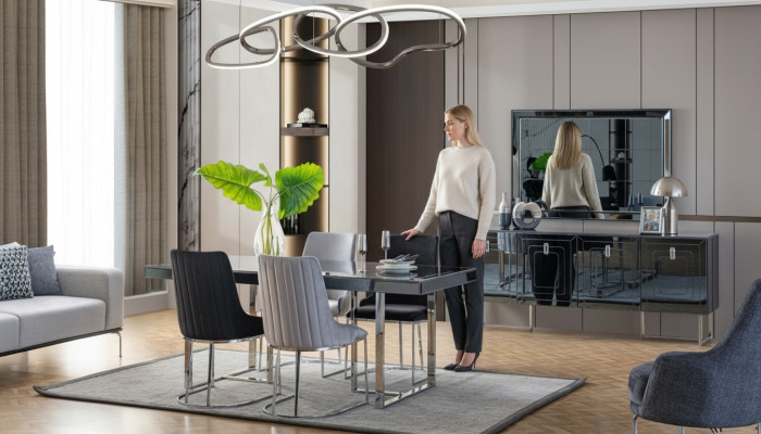 Zwart-grijze eetkamermeubels rechthoekige eettafel 4x textiel stoelen