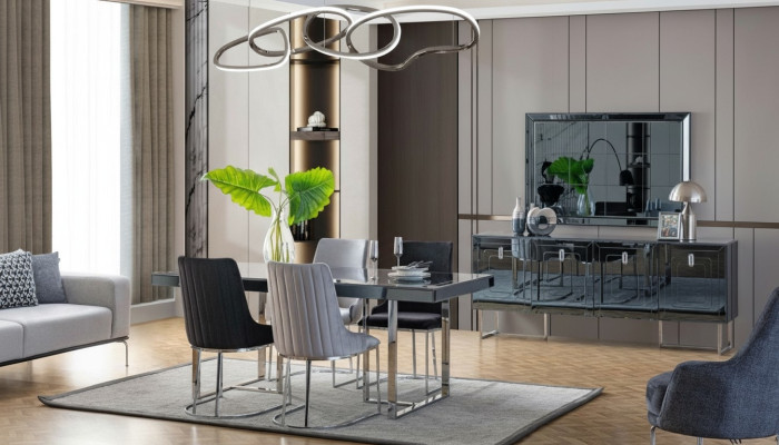Zwart-grijze eetkamermeubels rechthoekige eettafel 4x textiel stoelen