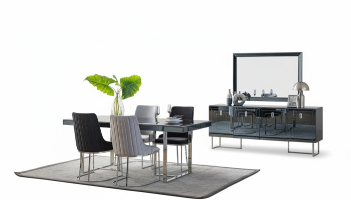 Zwart-grijze eetkamermeubels rechthoekige eettafel 4x textiel stoelen